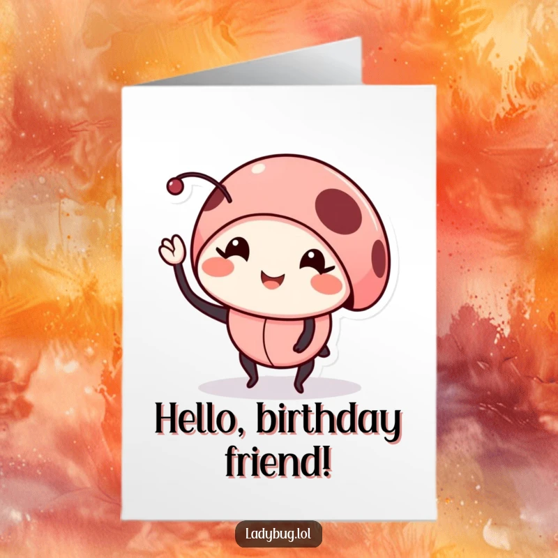 Funny Printable Birthday Card: Smiling ladybug cheerfully waving one of its tiny legs hello.