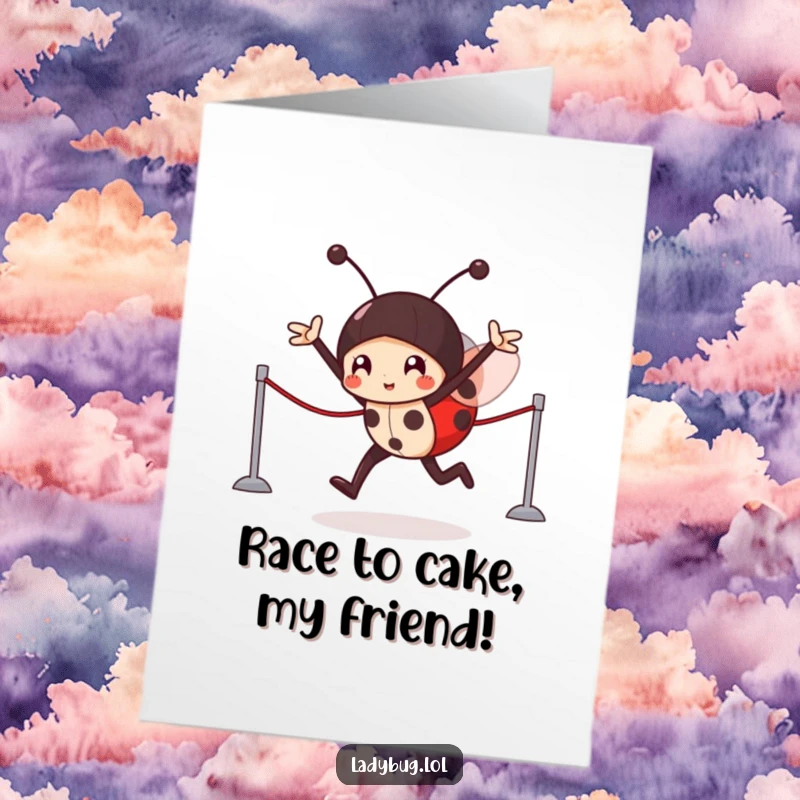 Funny free printable birthday card showing a victorious ladybug character triumphantly crossing an imaginary finish line.