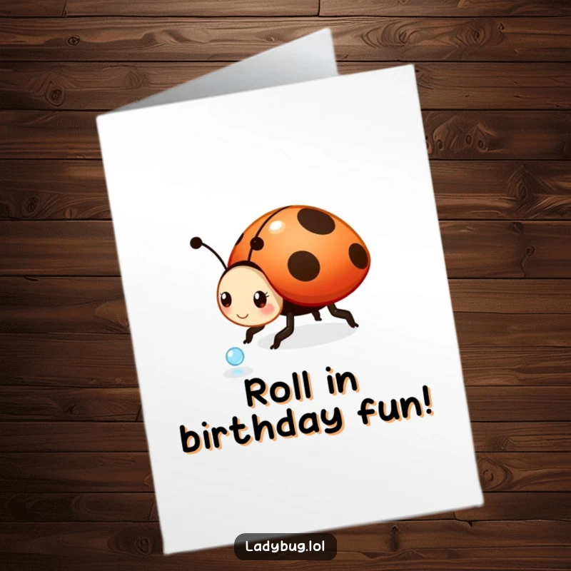 Funny Free Printable Birthday Card: A playful ladybug character joyfully rolls a shimmering dewdrop like a tiny ball.
