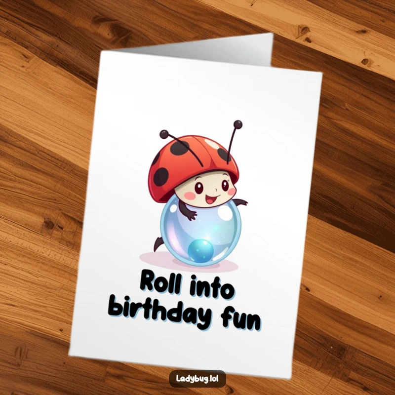 Funny Free Printable Ladybug Birthday Card: a ladybug joyfully rolls a sparkling marble, symbolizing fun and good times.