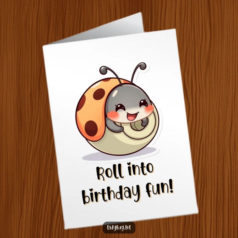 Funny Free Printable Birthday Card: A happy ladybug character comically tumbles with a playful roll.
