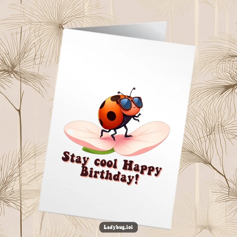 Funny Free Printable birthday card featuring a ladybug in tiny sunglasses jogging happily across a flower petal, radiating cool vibes.