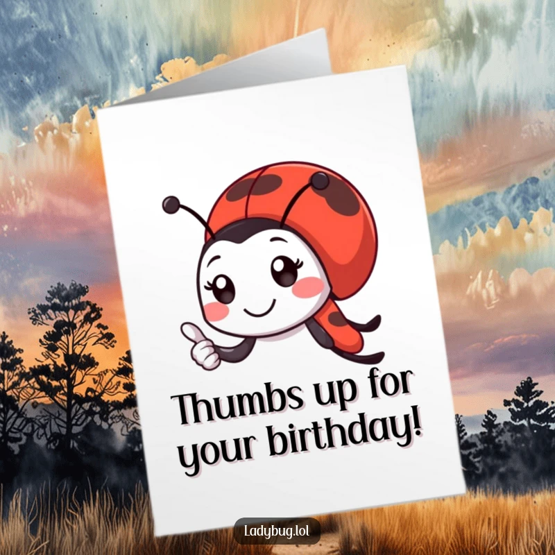 Funny Free Printable Ladybug Birthday Card: Smiling ladybug character giving an enthusiastic thumbs-up, celebrating their awesome birthday with joy.