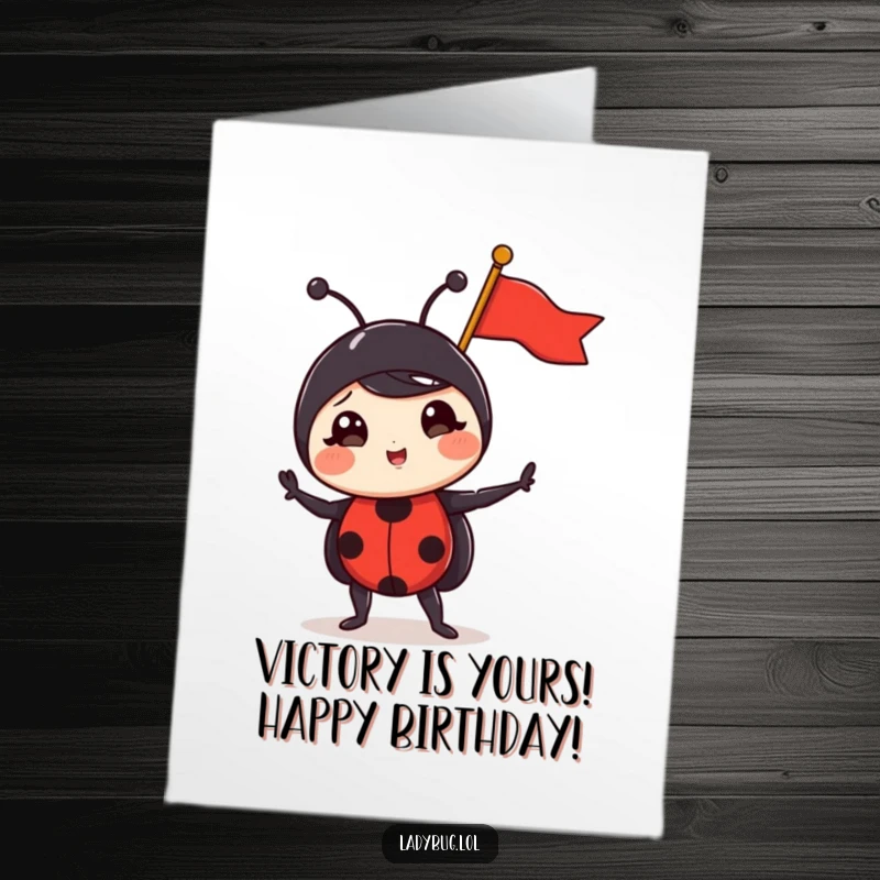 Funny Free Printable birthday card featuring a ladybug hero triumphantly holding a tiny flag, ready for celebration and laughter.