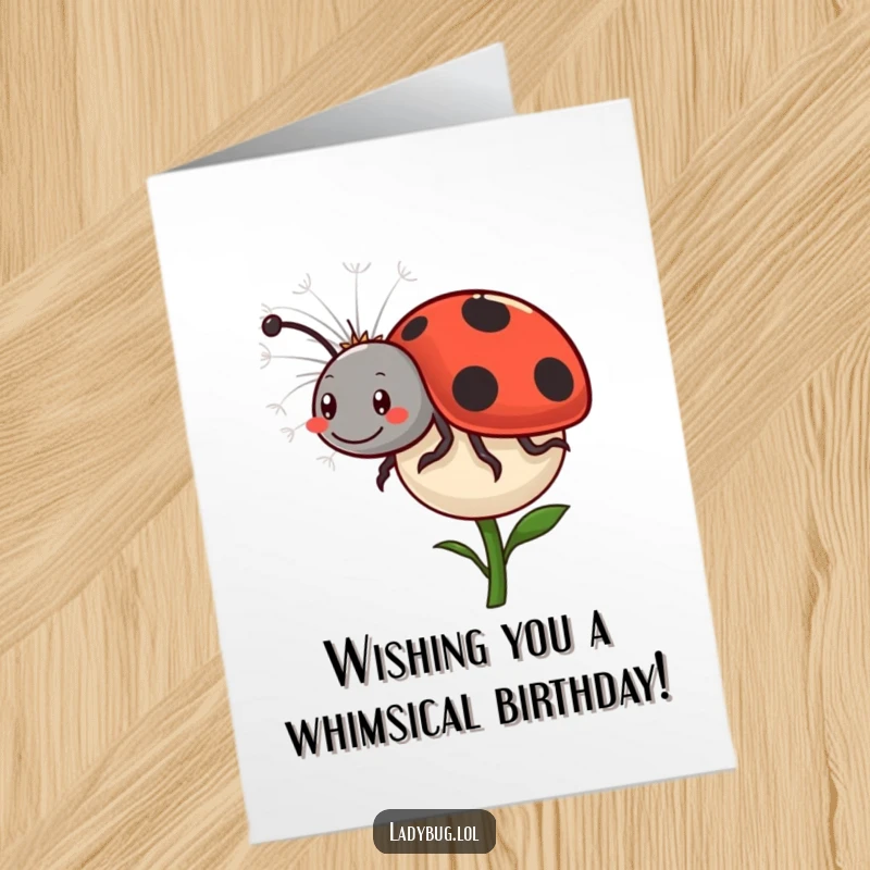 Funny Free Printable Ladybug Birthday Card: A happy ladybug comically rides a floating dandelion seed.