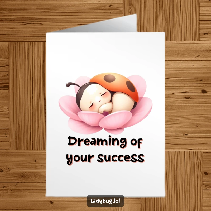 Funny Free Printable Congratulations Card: Sleepy Ladybug resting on a petal, conveying peaceful congratulations, perfect downloadable gift.