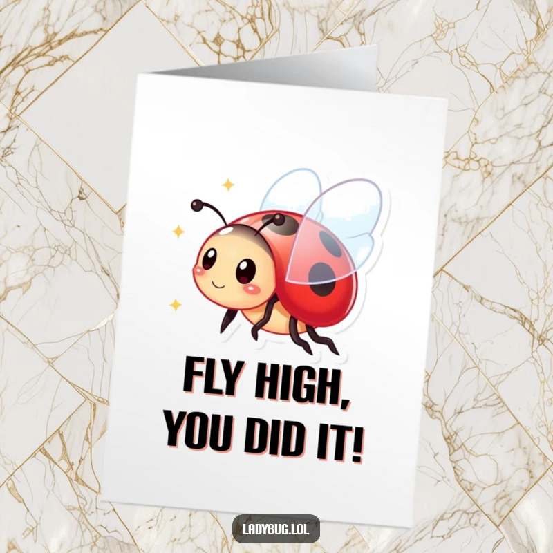 Funny free printable congratulations card with a vibrant ladybug character flying with sparkling wings, celebrating success.