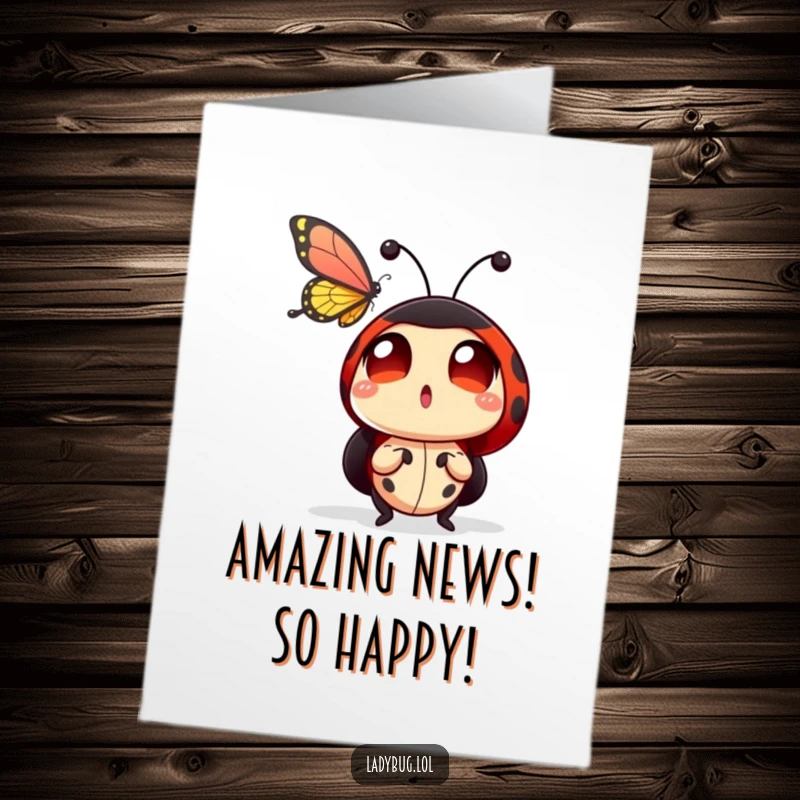 Funny Free Printable Congratulations Card: A ladybug looks on with wide, amazed eyes as a butterfly gracefully flies by.