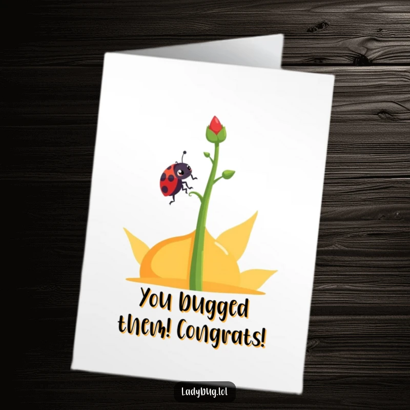 Funny Free Printable Congrats Card: Determined ladybug character climbing a plant stem, symbolizing steady and successful progress.
