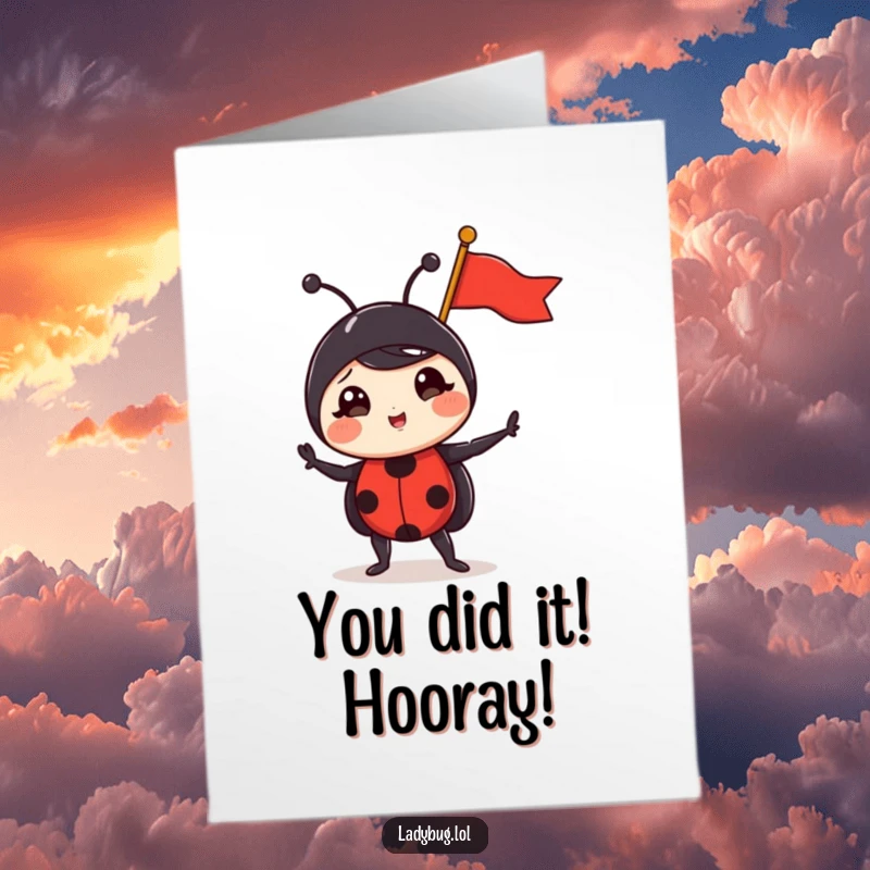 Funny Free Printable congratulations card with a determined ladybug planting a tiny flag, celebrating success with comical flair.