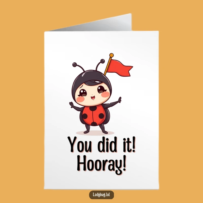 Free Printable Congrats Card: Funny Ladybug Flag Triumph - Downloadable Success