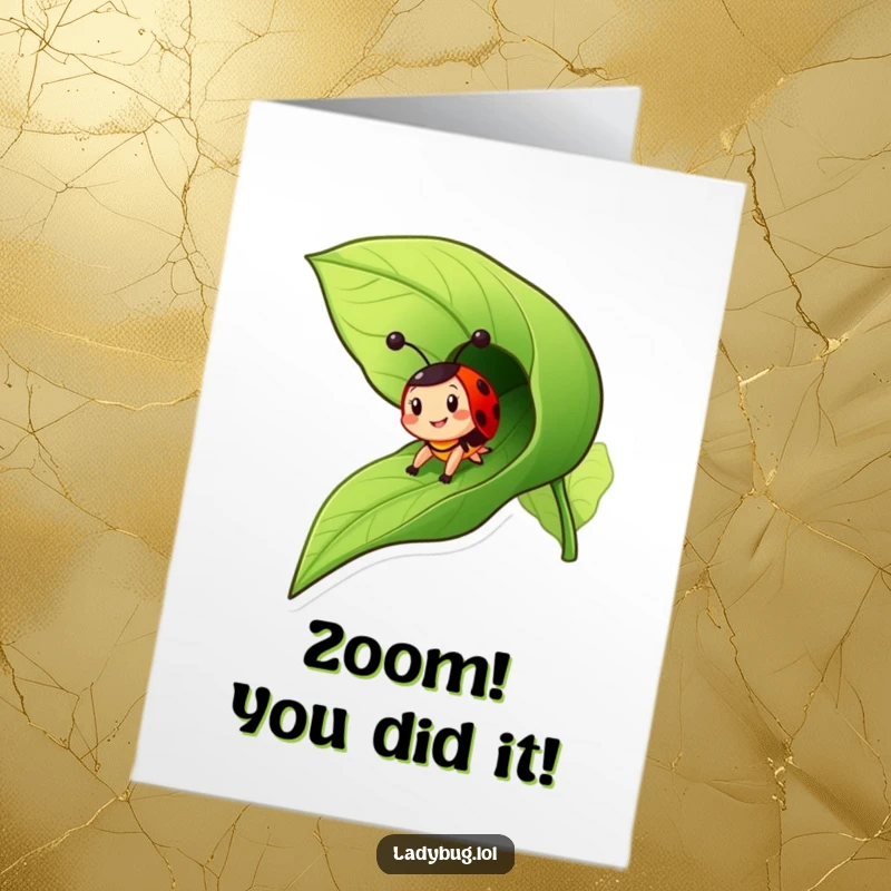 Funny Free Printable Congratulations Card: A cheerful ladybug character slides down a leaf, representing smooth progress.