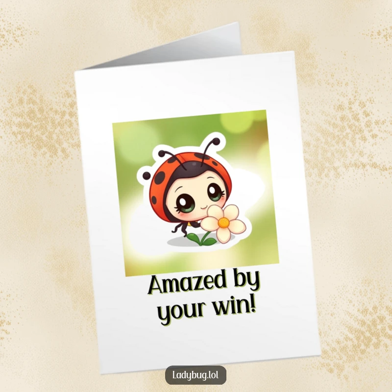 Funny Free Printable Congratulations Card: Curious Ladybug observing a flower, expressing congratulatory wonder, perfect downloadable gift.