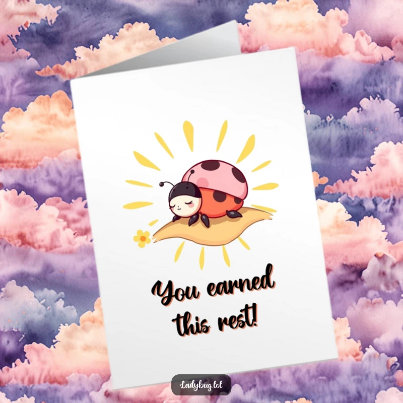 Funny free printable congratulations card with a charming ladybug character napping peacefully on a stylized sunbeam.