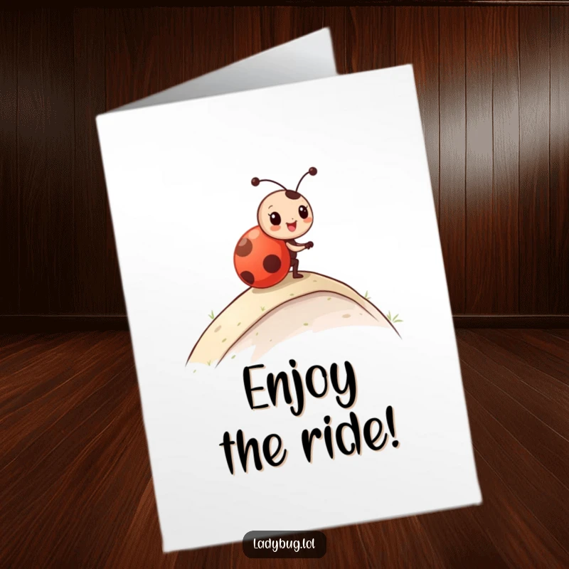 Funny Free Printable Congratulations Card depicting a ladybug character energetically rolling down a slope in celebration.