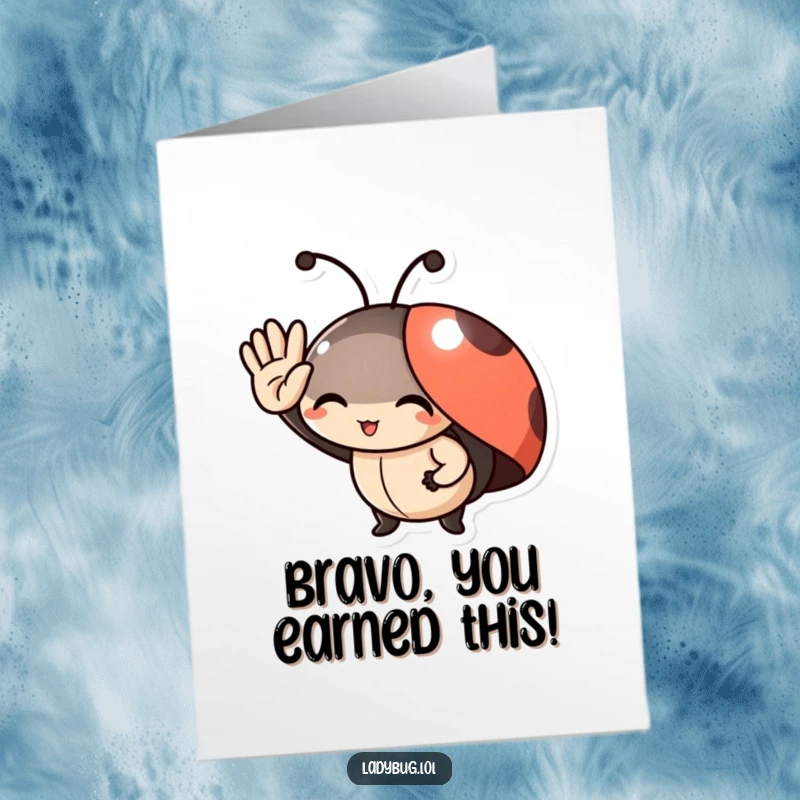 Funny free printable congratulations card with a delighted ladybug character giving a tiny, celebratory salute.