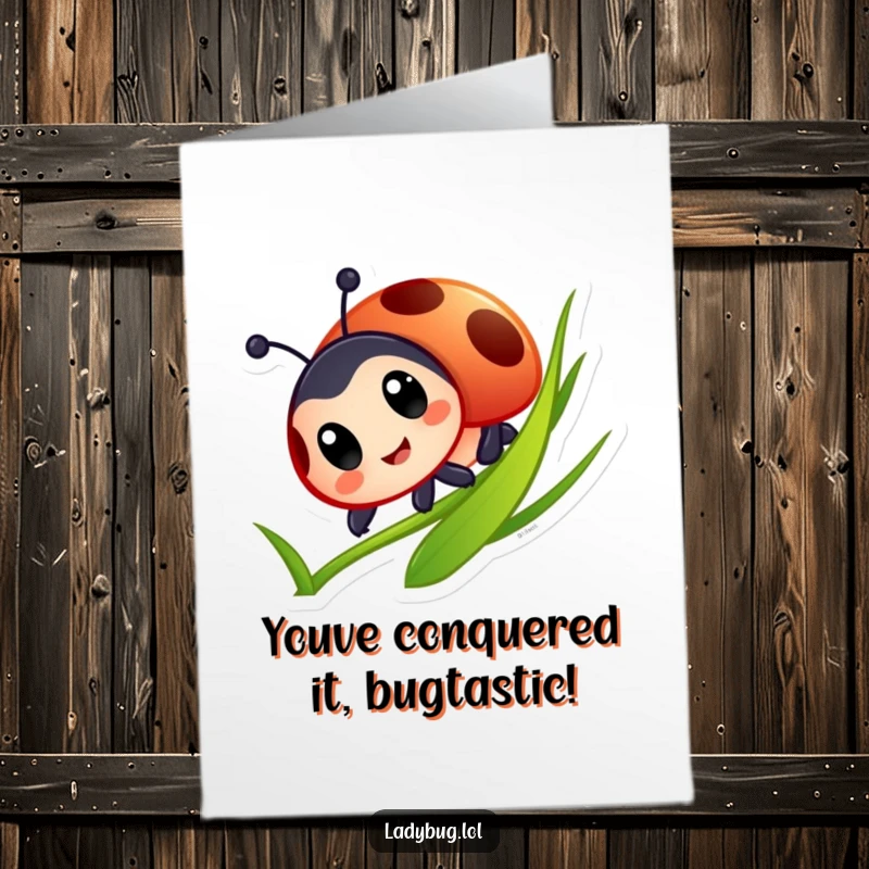 Funny Free Printable Congratulations Card: Big-eyed ladybug gleefully slides down a blade of grass, celebrating success.