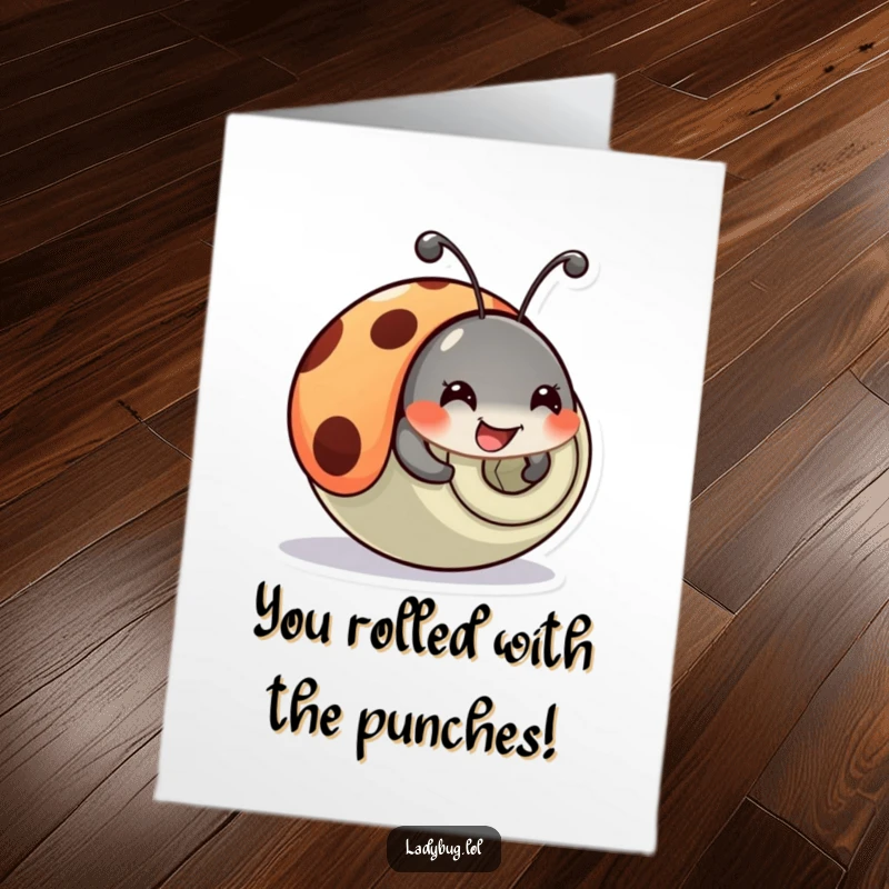 Funny Free Printable Congratulations Card: A happy ladybug character comically tumbles with a celebratory roll.
