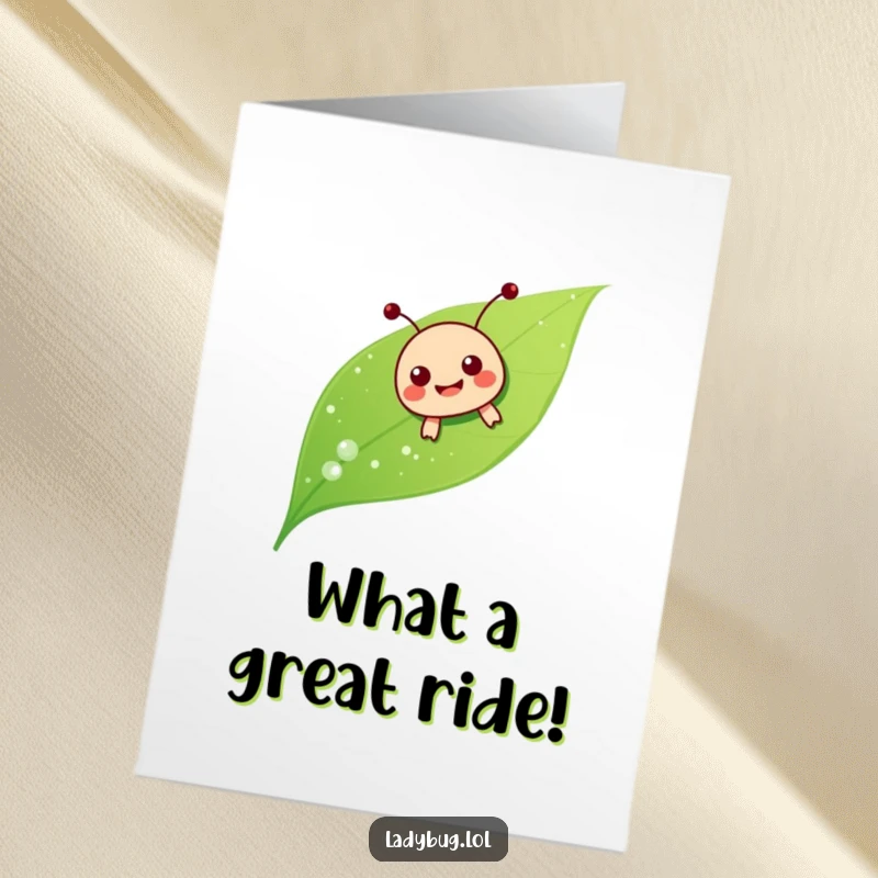 Funny Free Printable Congratulations Card: A delighted ladybug character joyfully slides down a dewy leaf, celebrating a win.