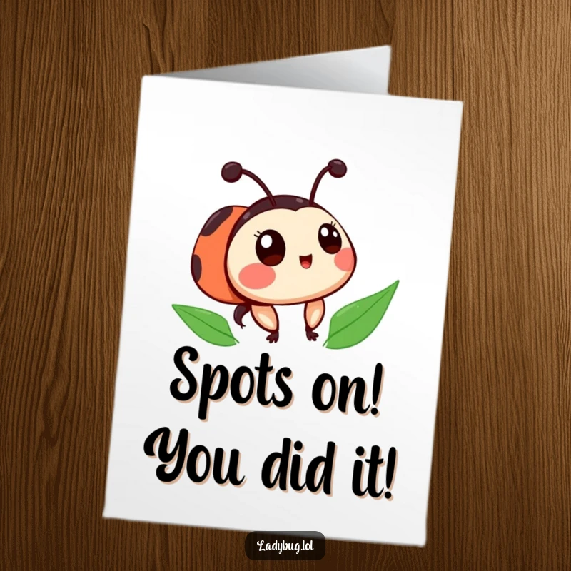 Funny Free Printable Ladybug Congratulations Card showing a surprised ladybug with slightly askew spots, perfect for unexpected achievements.