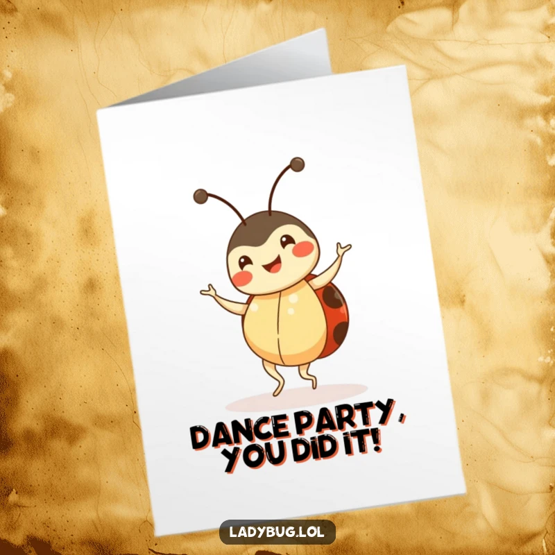Funny Free Printable Ladybug Congratulations Card: Happy ladybug doing a cute dance to celebrate.