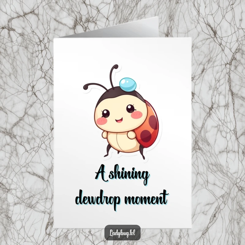 Funny Free Printable Ladybug Congratulations Card: a happy ladybug carries a dewdrop on its head, symbolizing new beginnings.