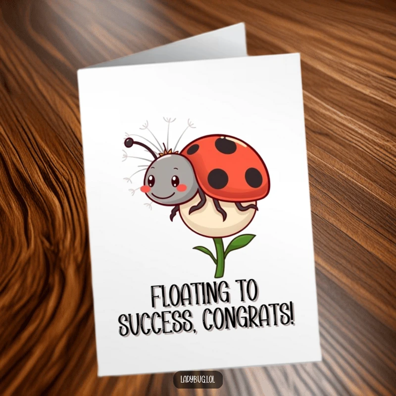 Funny Free Printable Ladybug Congrats Card: A happy ladybug comically rides a floating dandelion seed.