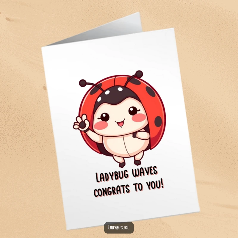 Funny Free Printable Congratulations Card: Ladybug character waving one of its small legs in celebration.