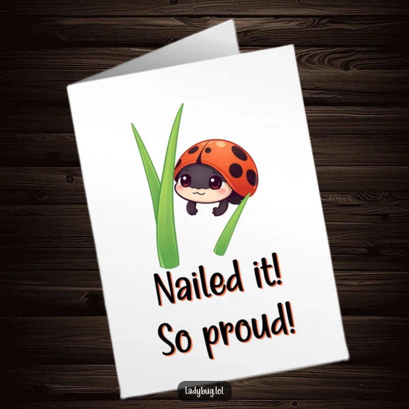 Funny Free Printable Congratulations Card: A small ladybug character curiously peeking from behind a blade of grass, observing a celebratory moment.
