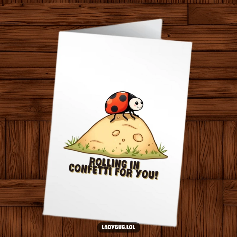 Funny Free Printable Ladybug Congratulations Card: Ladybug rolling down a hill, symbolizing a successful and easy achievement.