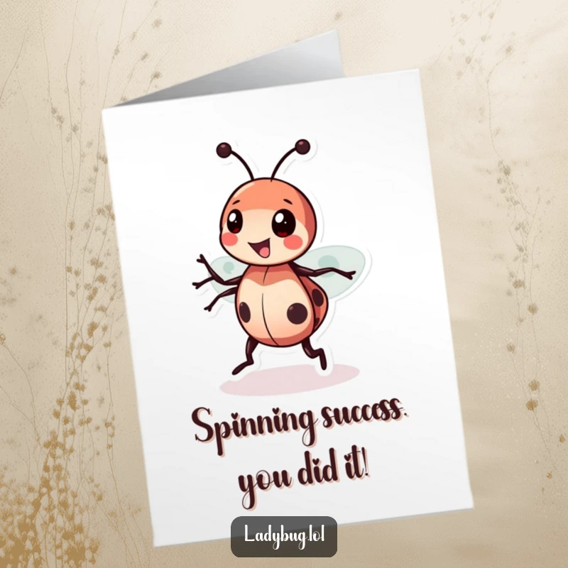 Funny Free Printable Congrats Card: A happy ladybug character spinning with pure delight.