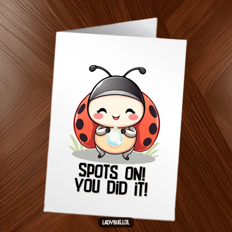 Funny Free Printable Ladybug Congratulations Card, ladybug holds a shiny dewdrop like a prize, symbolizing achievement.