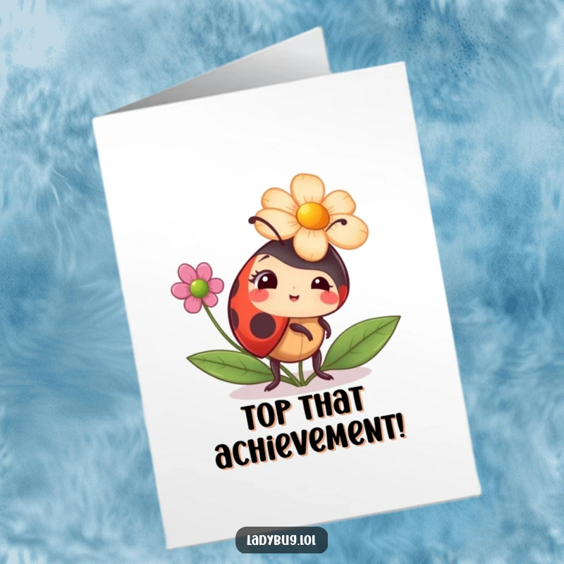 Funny Free Printable congratulations card featuring a ladybug comically wearing a flower as a hat, looking delightfully confused and stylish.