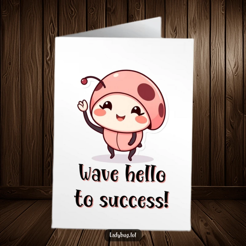 Funny Printable Congratulations Card: Smiling ladybug giving a friendly wave with one of its small legs.