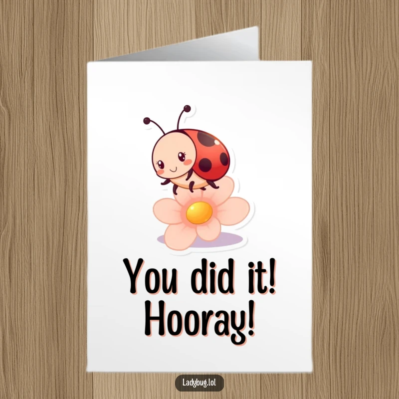 Funny Free Printable Congratulations Card: A cheerful ladybug character playfully bouncing high on a flower petal, celebrating success with delight.