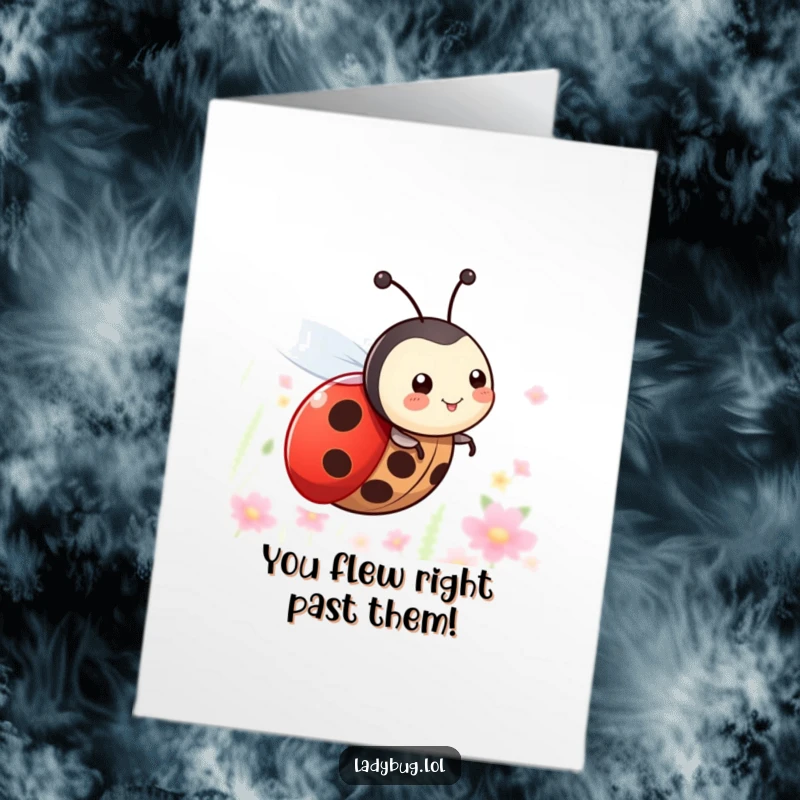 Funny Free Printable Congratulations Card: Ladybug character with tiny wings happily zooming through the air, marking an achievement.