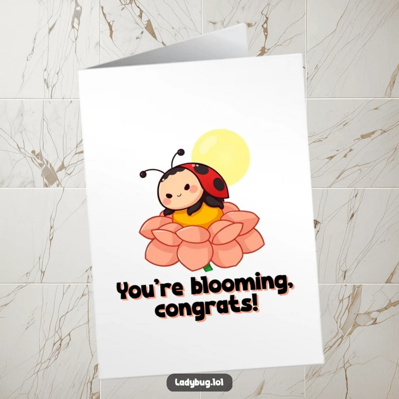Funny Free Printable Congratulations Card: Cheerful ladybug character sunbathing on a flower petal, enjoying the sunshine, perfect for celebrating achievements.