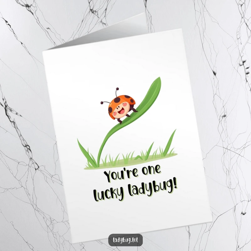 Funny Free Printable Ladybug Congrats Card: Gleeful ladybug bouncing on grass, radiating pure joy and celebrating achievements with infectious enthusiasm.