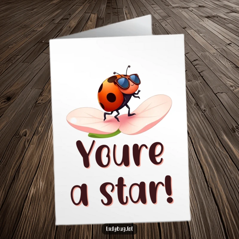 Funny Free Printable congratulations card showing a ladybug sporting sunglasses and jogging confidently across a petal, symbolizing a smooth win.
