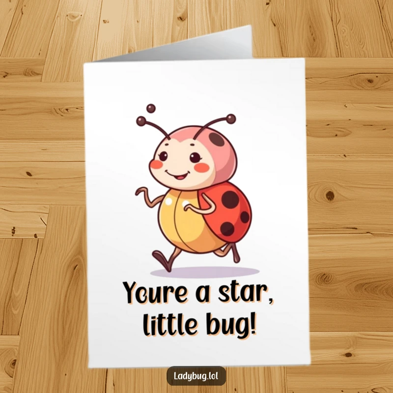 Funny Free Printable Congratulations Card: Ladybug character with determined antennae triumphantly jogging, celebrating success.
