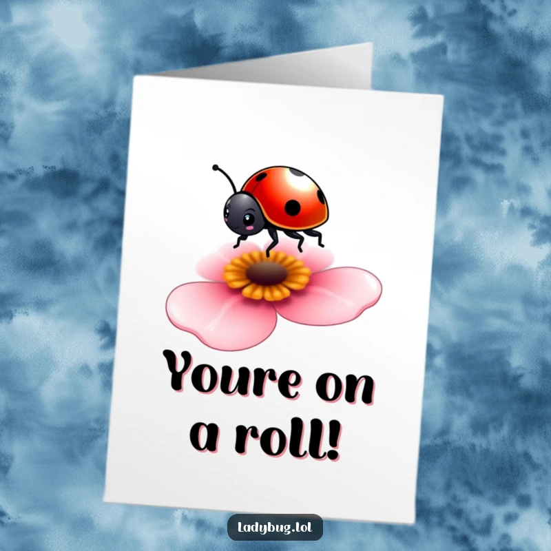 Funny Free Printable ladybug congratulations card: a tiny character balancing on a petal, symbolizing a delicate achievement.