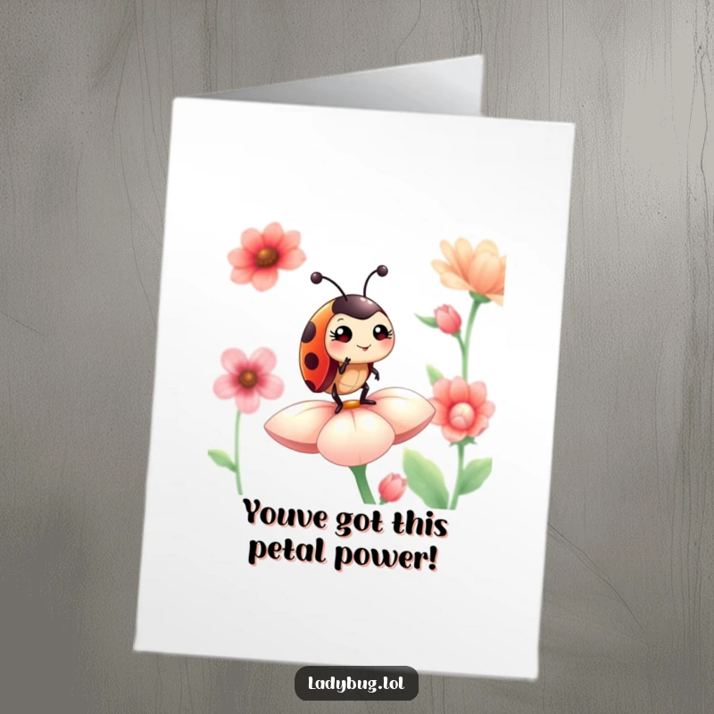 Funny Free Printable Ladybug Congratulations Card, a winking ladybug stands proudly on a flower petal, celebrating success.