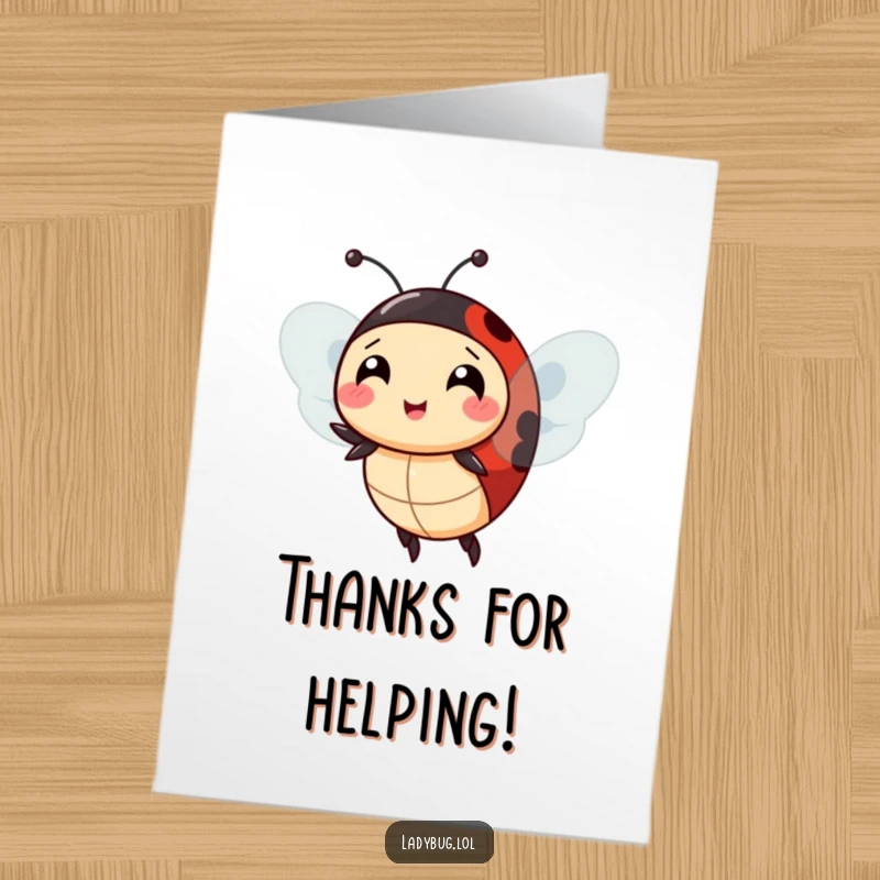 Funny Free Printable Thank You Card: A cheerful ladybug comically attempts to fly with extra wings, a thank you with flair.
