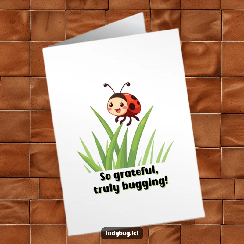 Funny Free Printable Thank You Card: A delightful ladybug climbs a grass blade, offering a cheerful thank you with a giggly expression.