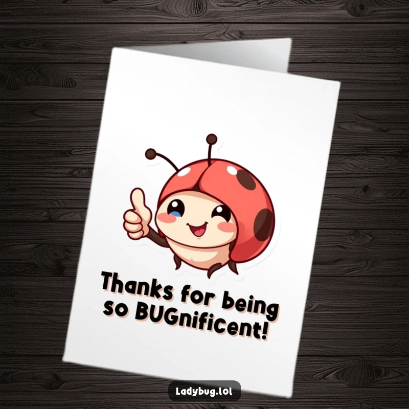 Funny Free Printable ladybug thank you card, a happy ladybug giving a tiny thumbs up.