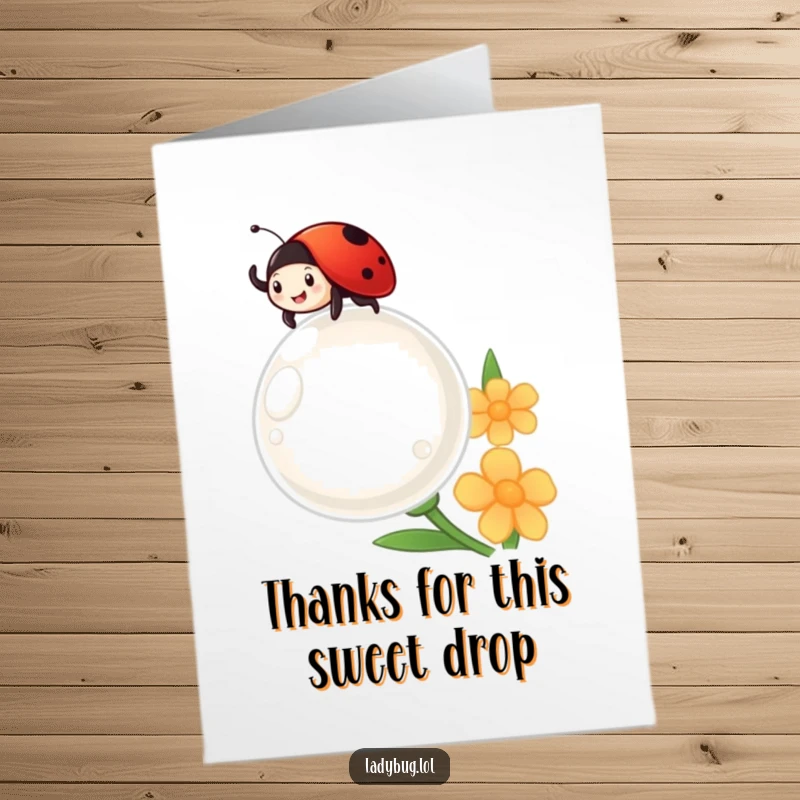 Funny Free Printable Ladybug Thank You Card: Cheerful ladybug waving from a shimmering dewdrop, showing thanks with adorable, bubbly delight.