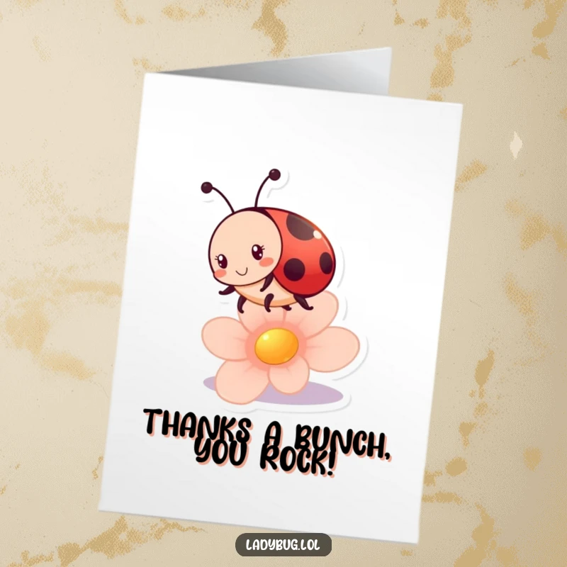 Funny Free Printable Thank You Card showing a happy ladybug character bouncing joyfully on a flower petal, conveying sincere appreciation.