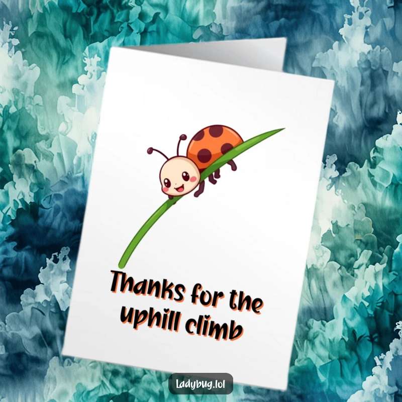 Funny Free Printable Thank You Card: Ladybug enthusiastically climbing grass, expressing gratitude with a smile.