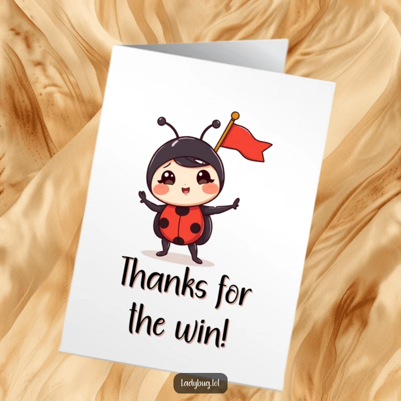 Funny Free Printable thank you card showcasing a cheerful ladybug posing with a small flag, expressing thanks with humor.