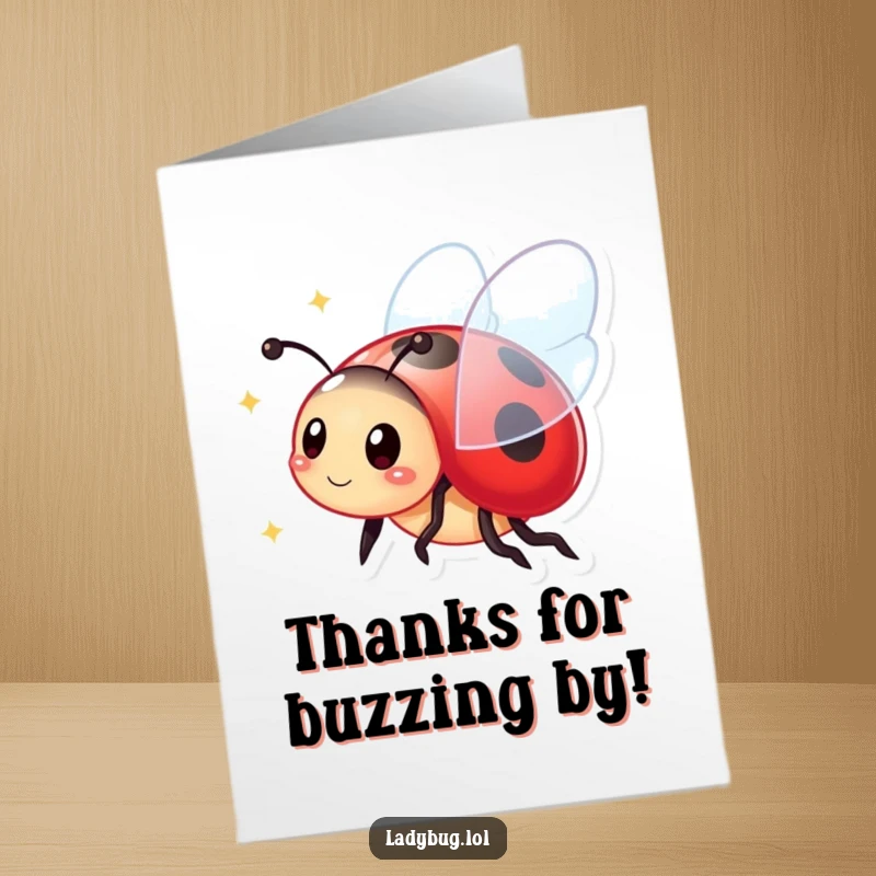 Funny free printable thank you card featuring a vibrant ladybug character flying with sparkling wings, expressing thanks.